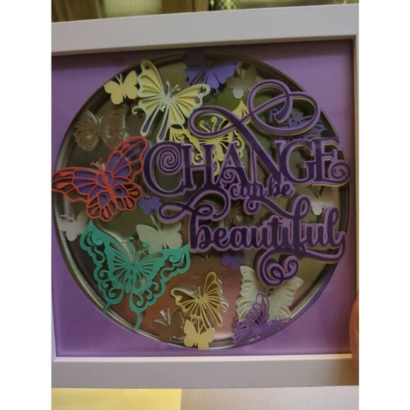 3D shadowbox in purple, yellow, greens and orange. - Picture 3 of 5